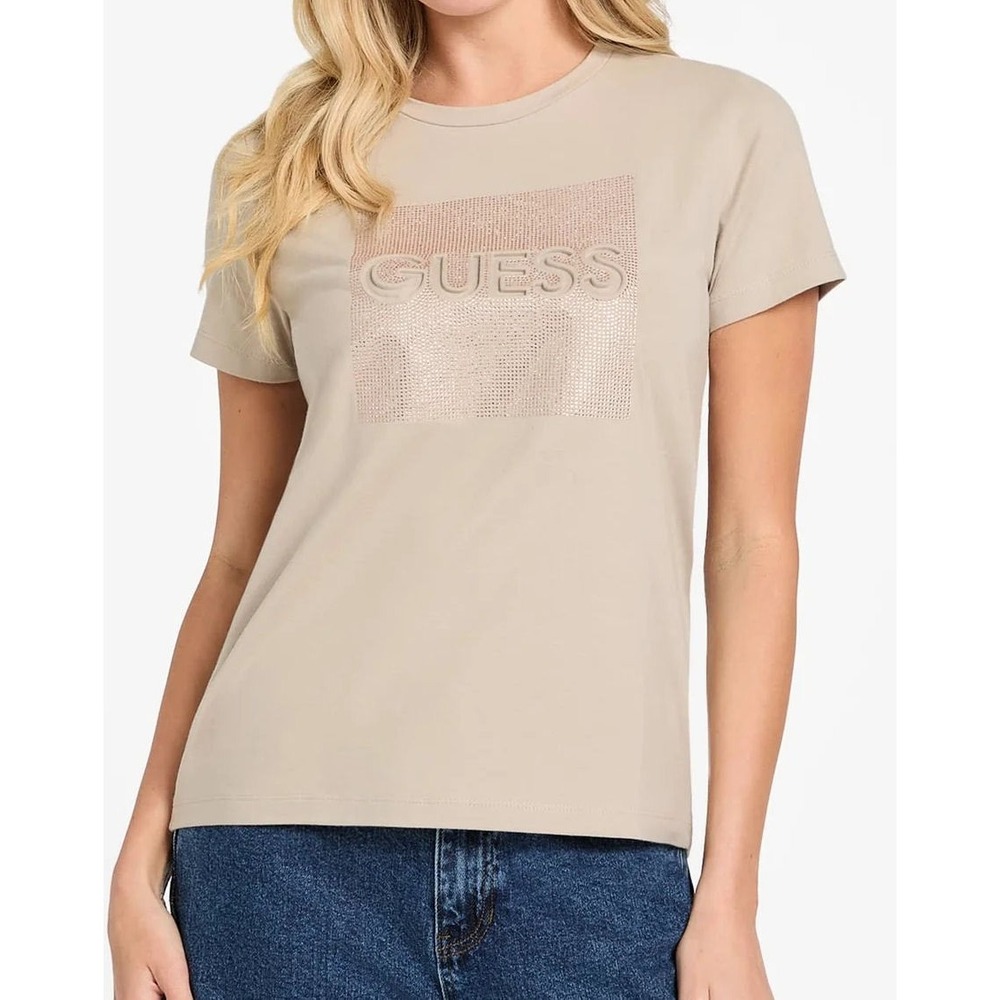 Guess Women's Kika Logo Rhinestones Short Sleeve T-Shirt - Heather Oatmeal - M